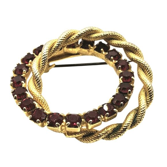 Vintage Rhinestone Brooch Red Clear Double Circle Infinity Pin Gold Tone Costume - Picture 3 of 10